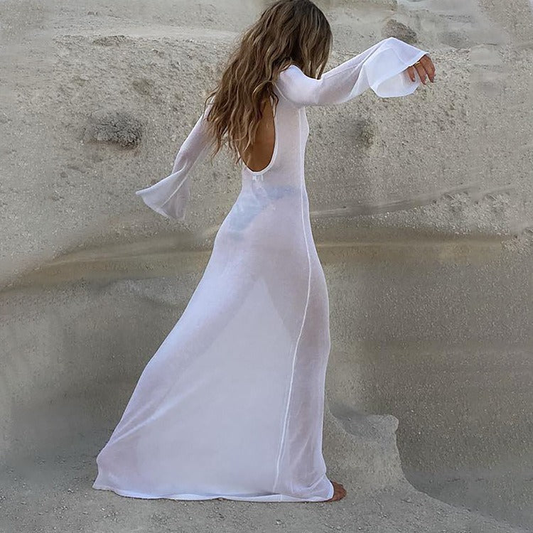 Beach Sexy Open Back Long Sleeve Perspective Mesh Long Dress