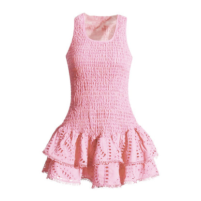 Elastic waist pleated design ruffled short suspender dress