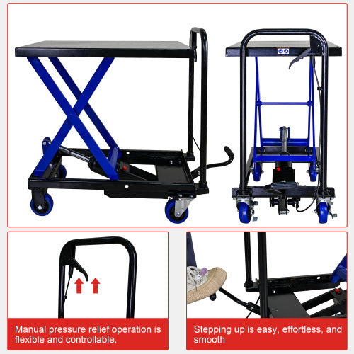 Hydraulic Lift Trolley, 500 LBS Capacity, With 4 Wheels, For Material Handling And Transportation, BLACK BLUE