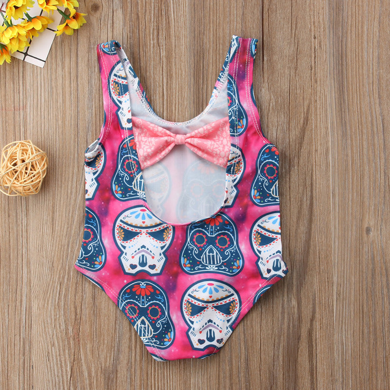 Girls Cartoon Skull Pattern Bikini Swimsuit