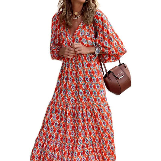 New autumn geometric collage puff sleeve dress street style big size women's clothing