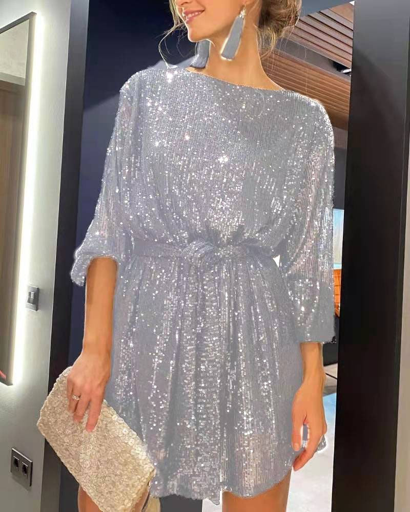 Fashionable sequin sequin color waistband dress small formal dress