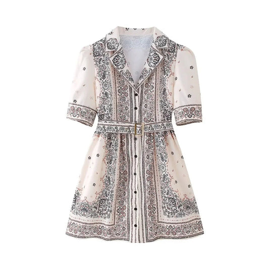 Fashionable temperament, lapel print, medium length shirt dress for women