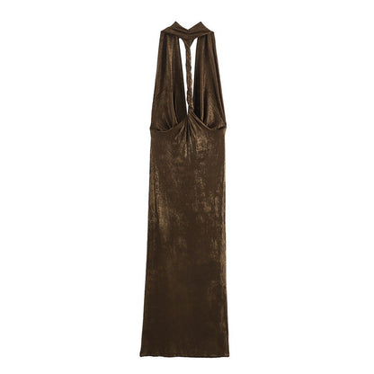 Metallic foil bright color hanging neck collar long dress