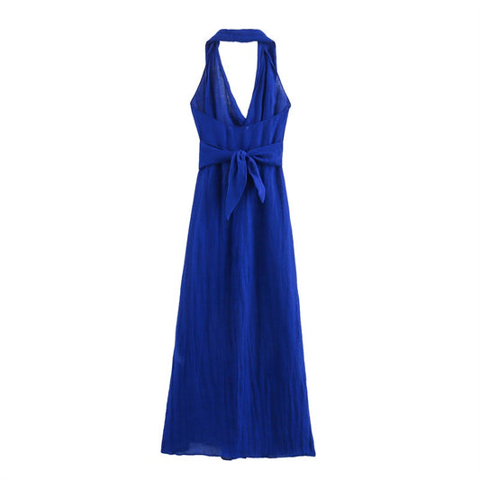 Linen blend neck hanging long strap dress