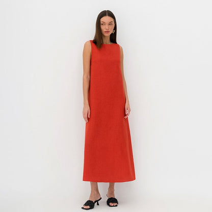 Fashion basic solid color bottoming vest dress female French loose round neck cotton and linen A-line dress