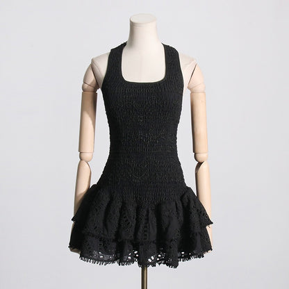 Elastic waist pleated design ruffled short suspender dress