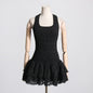 Elastic waist pleated design ruffled short suspender dress