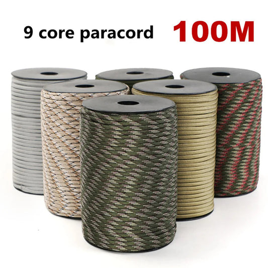 100M 550 Military Standard 9-Core Paracord Rope 4mm Outdoor Parachute Cord Survival Umbrella Tent Lanyard Strap Clothesline