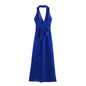 Linen blend neck hanging long strap dress