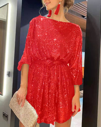 Fashionable sequin sequin color waistband dress small formal dress