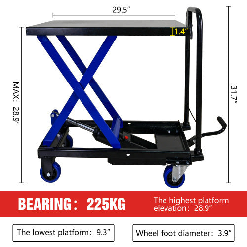 Hydraulic Lift Trolley, 500 LBS Capacity, With 4 Wheels, For Material Handling And Transportation, BLACK BLUE